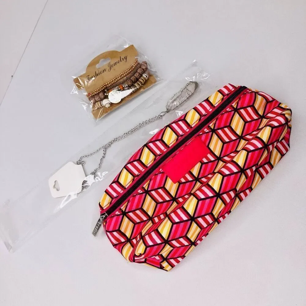 Clinique Geometric Pouch Silver Necklace & Wooden Bracelet Bundle